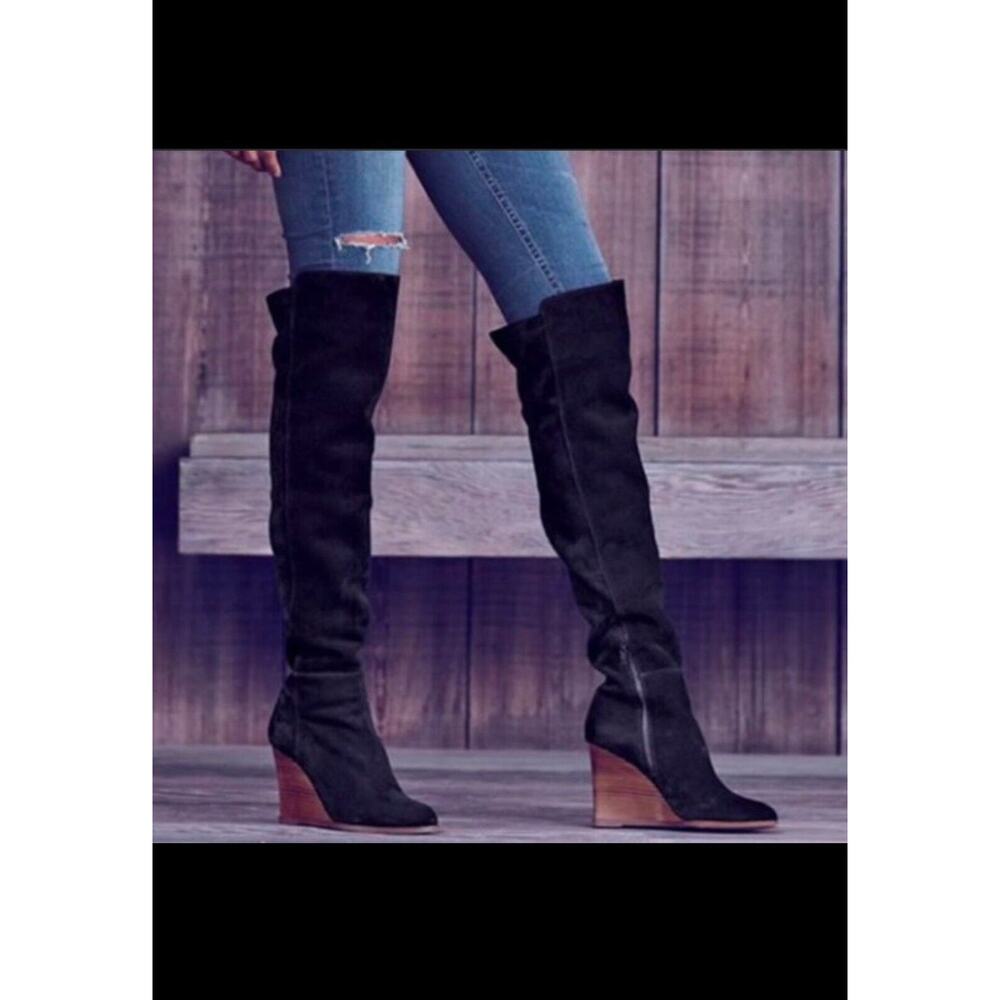 Vince Camuto Granta Black Suede Leather Over The Knee Wedge Boots 8